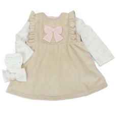 N34612:  Baby Girls Plush Fleece Pinafore Dress, Top & Headband Outfit (6-24 Months)
